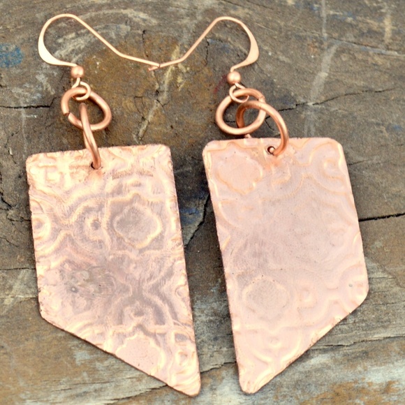Minimal Moroccan Embossed Solid Copper Earrings Handmade Boho Gift Statement - Picture 3 of 4